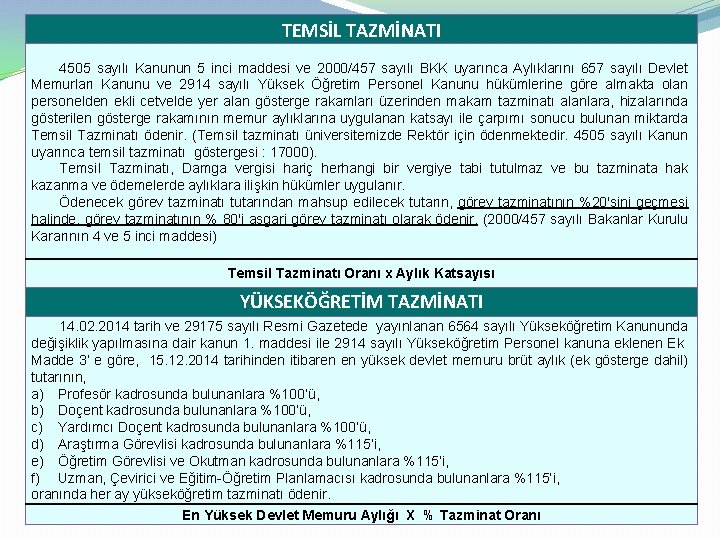 TEMSİL TAZMİNATI 4505 sayılı Kanunun 5 inci maddesi ve 2000/457 sayılı BKK uyarınca Aylıklarını