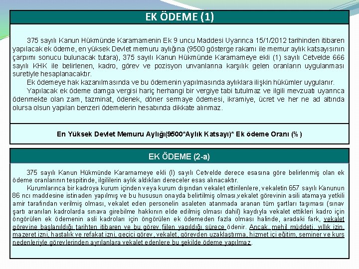 EK ÖDEME (1) 375 sayılı Kanun Hükmünde Kararnamenin Ek 9 uncu Maddesi Uyarınca 15/1/2012