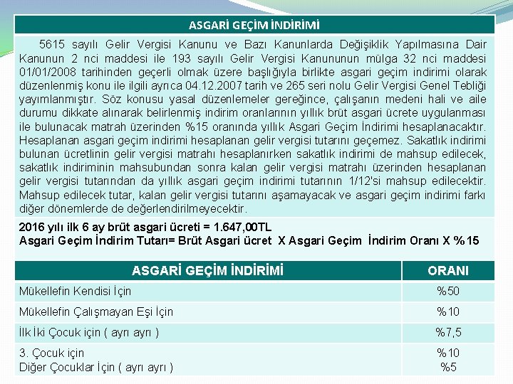 ASGARİ GEÇİM İNDİRİMİ 5615 sayılı Gelir Vergisi Kanunu ve Bazı Kanunlarda Değişiklik Yapılmasına Dair