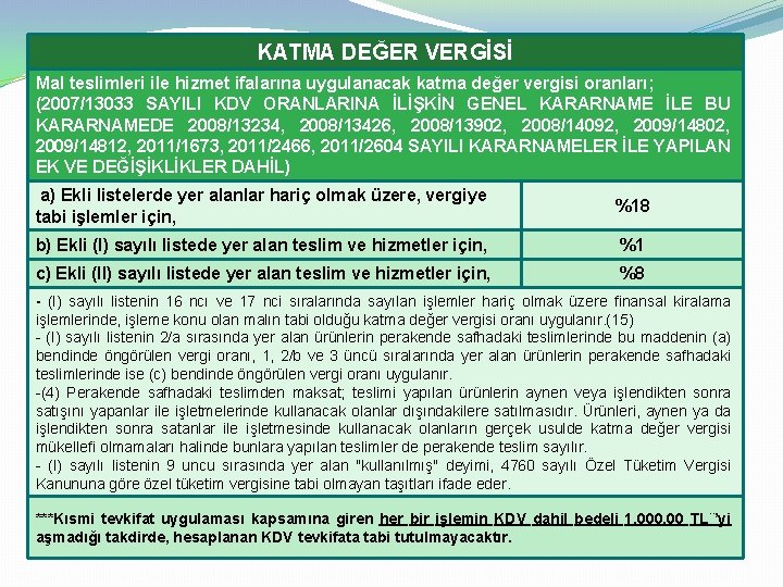 KATMA DEĞER VERGİSİ Mal teslimleri ile hizmet ifalarına uygulanacak katma değer vergisi oranları; (2007/13033