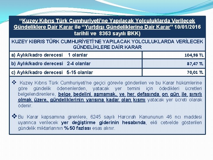 “Kuzey Kıbrıs Türk Cumhuriyeti’ne Yapılacak Yolculuklarda Verilecek Gündeliklere Dair Karar ile “Yurtdışı Gündeliklerine Dair