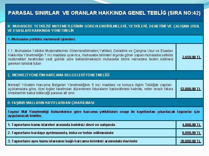 PARASAL SINIRLAR VE ORANLAR HAKKINDA GENEL TEBLİĞ (SIRA NO: 42) B- MUHASEBE YETKİLİSİ MUTEMETLERİNİN