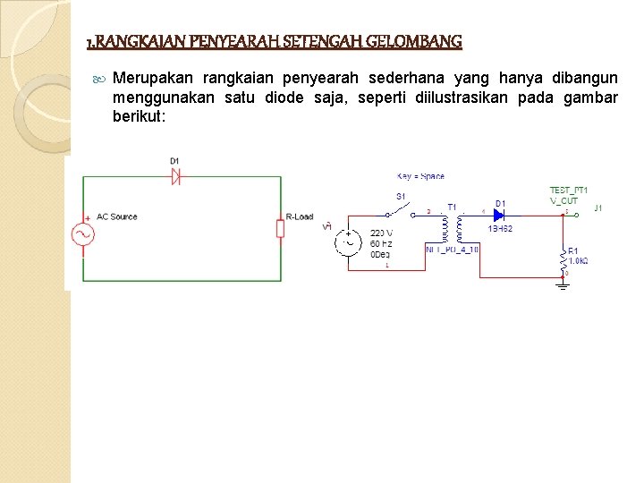 1. RANGKAIAN PENYEARAH SETENGAH GELOMBANG Merupakan rangkaian penyearah sederhana yang hanya dibangun menggunakan satu