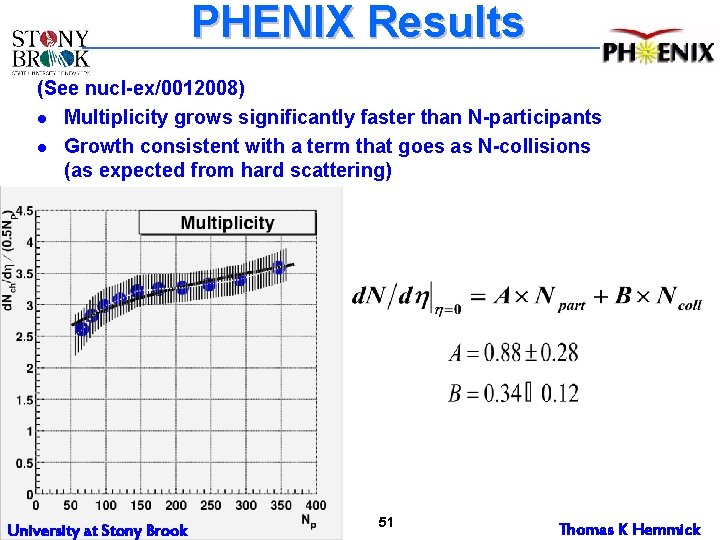 PHENIX Results (See nucl-ex/0012008) l Multiplicity grows significantly faster than N-participants l Growth consistent