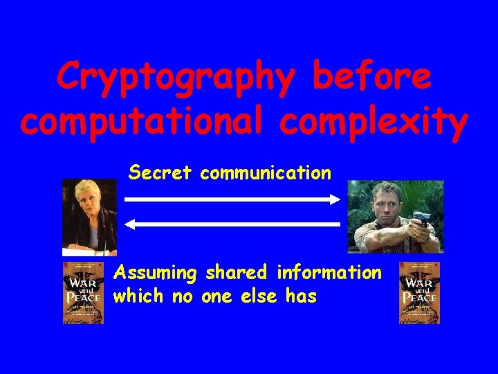 Cryptography before computational complexity Secret communication Assuming shared information which no one else has