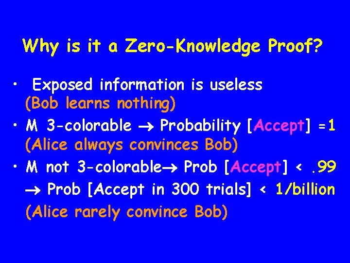 Why is it a Zero-Knowledge Proof? • Exposed information is useless (Bob learns nothing)