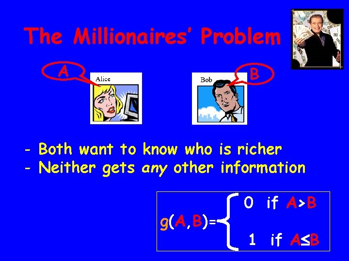 The Millionaires’ Problem A B - Both want to know who is richer -