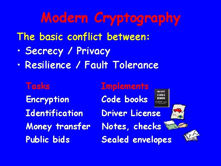 Modern Cryptography The basic conflict between: • Secrecy / Privacy • Resilience / Fault