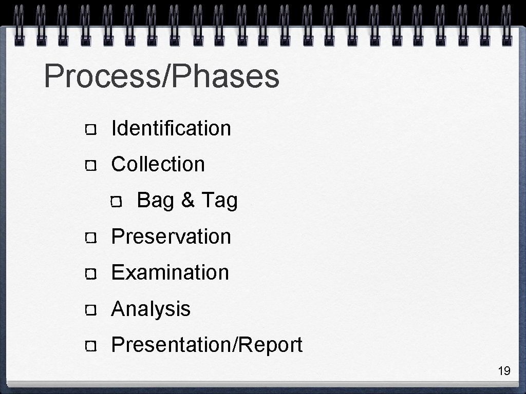 Process/Phases Identification Collection Bag & Tag Preservation Examination Analysis Presentation/Report 19 