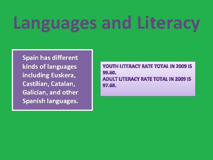 Languages and Literacy Spain has different kinds of languages including Euskera, Castilian, Catalan, Galician,