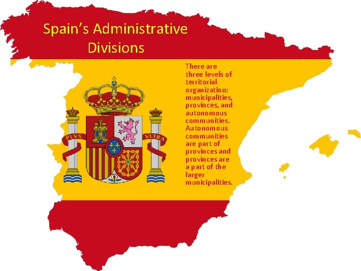 Spain’s Administrative Divisions There are three levels of territorial organization: municipalities, provinces, and autonomous