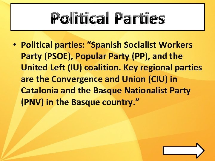 Political Parties • Political parties: “Spanish Socialist Workers Party (PSOE), Popular Party (PP), and