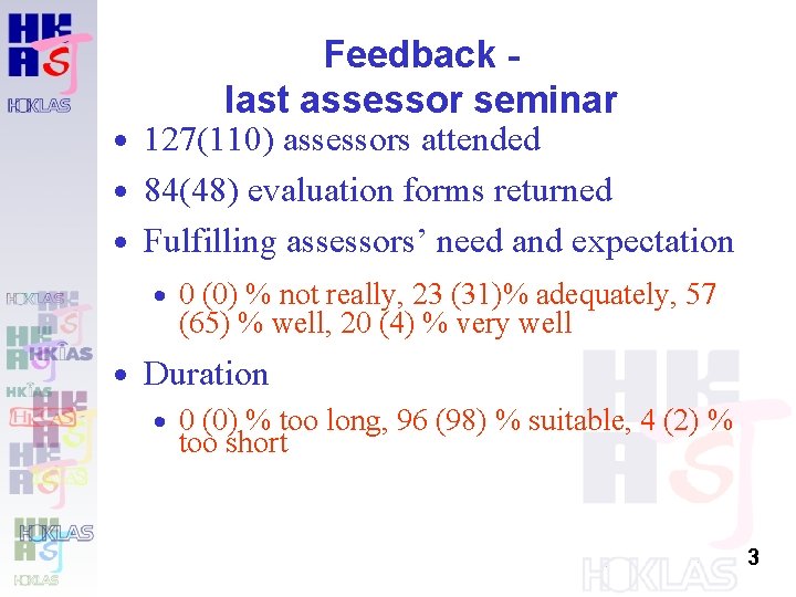 Feedback last assessor seminar · 127(110) assessors attended · 84(48) evaluation forms returned · Feedback last assessor seminar · 127(110) assessors attended · 84(48) evaluation forms returned ·