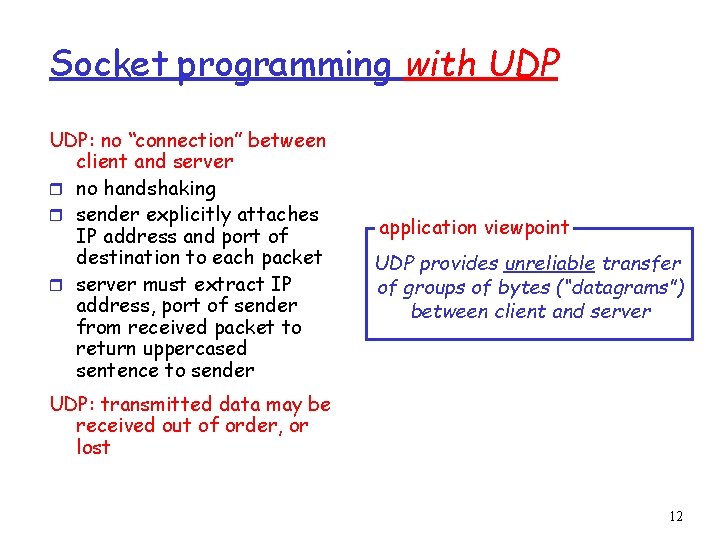 Socket programming with UDP: no “connection” between client and server r no handshaking r