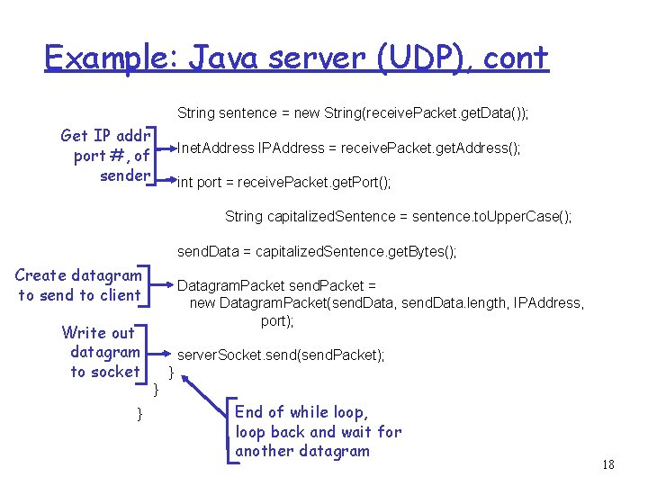 Example: Java server (UDP), cont String sentence = new String(receive. Packet. get. Data()); Get