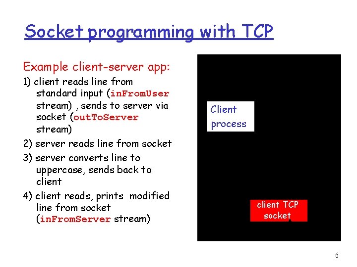 Socket programming with TCP Example client-server app: 1) client reads line from standard input