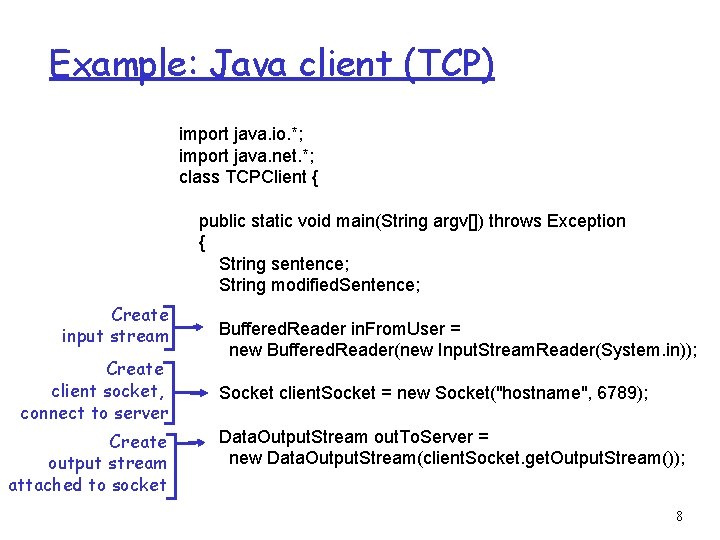 Example: Java client (TCP) import java. io. *; import java. net. *; class TCPClient Example: Java client (TCP) import java. io. *; import java. net. *; class TCPClient