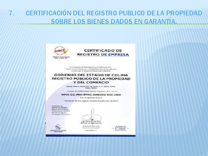 7. CERTIFICACIÓN DEL REGISTRO PUBLICO DE LA PROPIEDAD SOBRE LOS BIENES DADOS EN GARANTÍA.