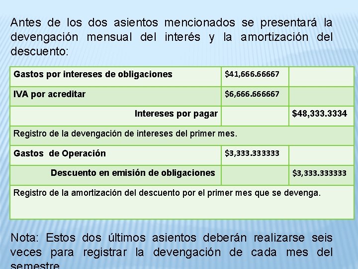 Antes de los dos asientos mencionados se presentará la devengación mensual del interés y