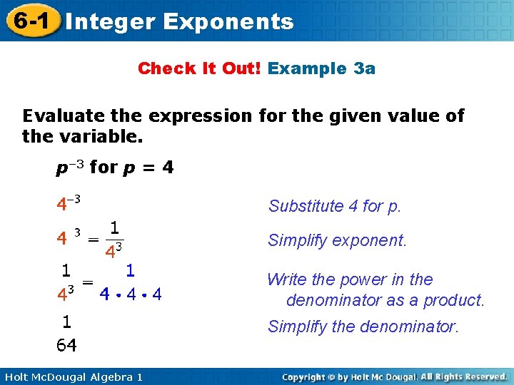 6 -1 Integer Exponents Check It Out! Example 3 a Evaluate the expression for