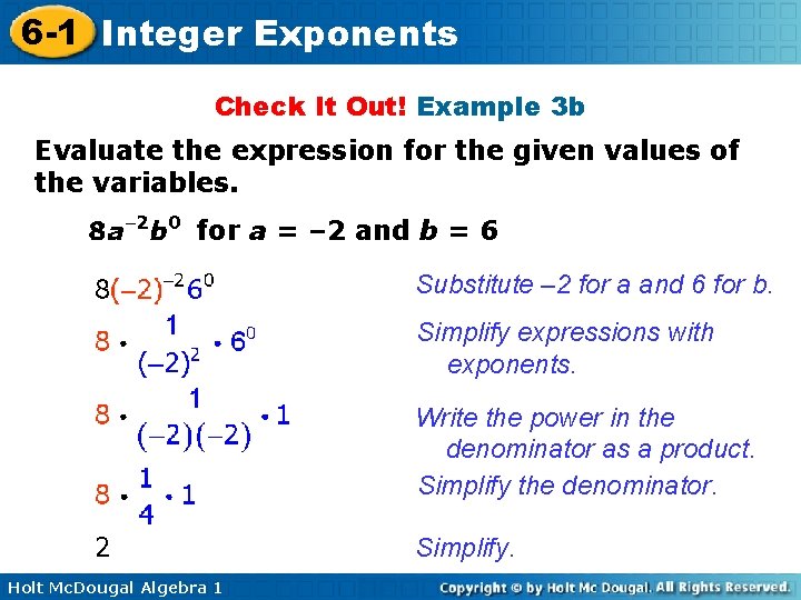 6 -1 Integer Exponents Check It Out! Example 3 b Evaluate the expression for