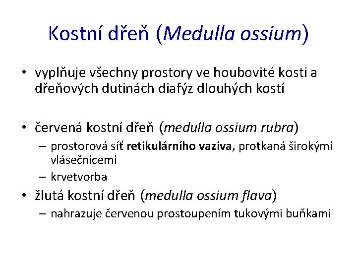 Kostní dřeň (Medulla ossium) • vyplňuje všechny prostory ve houbovité kosti a dřeňových dutinách