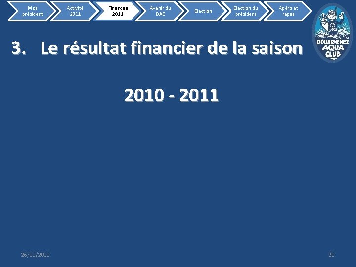 Mot président Activité 2011 Finances 2011 Avenir du DAC Election du président Apéro et