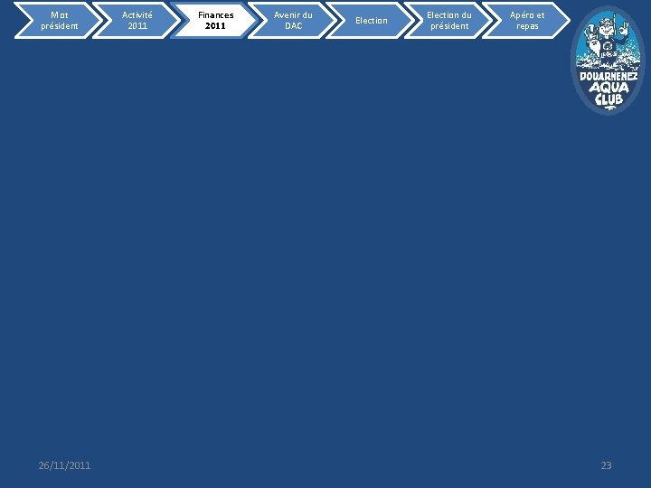 Mot président 26/11/2011 Activité 2011 Finances 2011 Avenir du DAC Election du président Apéro