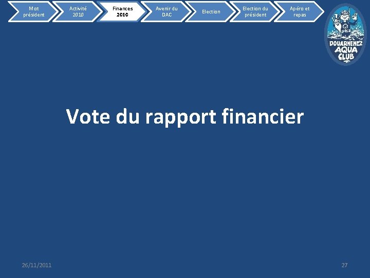 Mot président Activité 2010 Finances 2010 Avenir du DAC Election du président Apéro et