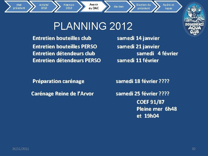 Mot président Activité 2010 Finances 2010 Avenir du DAC Election du président Apéro et