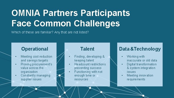 OMNIA Partners Participants Face Common Challenges Which of these are familiar? Any that are