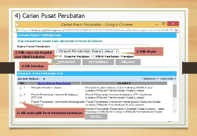 4) Carian Pusat Perubatan 2) Pilih sama ada Hospital atau Klinik Kesihatan 1) Pilih