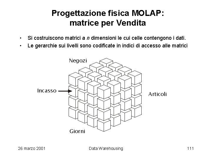 Progettazione fisica MOLAP: matrice per Vendita • • Si costruiscono matrici a n dimensioni