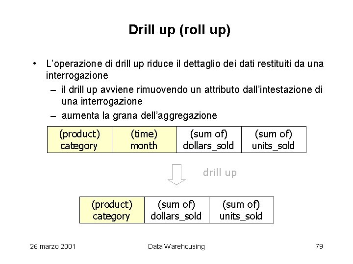 Drill up (roll up) • L’operazione di drill up riduce il dettaglio dei dati