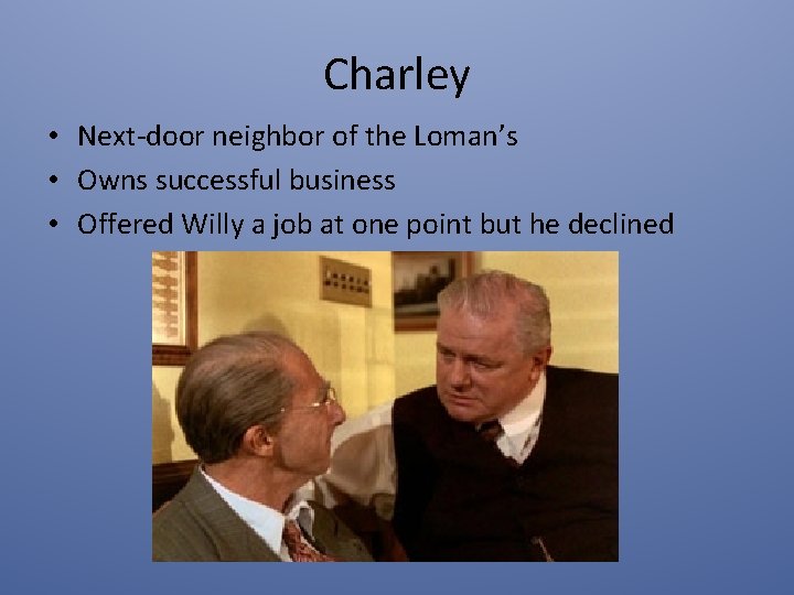 Charley • Next-door neighbor of the Loman’s • Owns successful business • Offered Willy