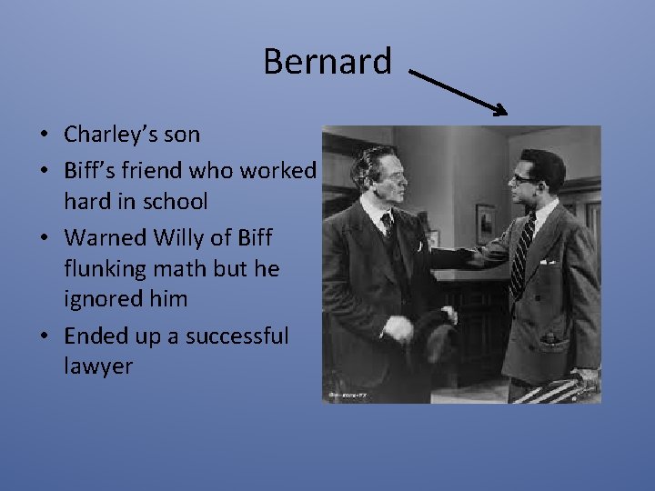 Bernard • Charley’s son • Biff’s friend who worked hard in school • Warned