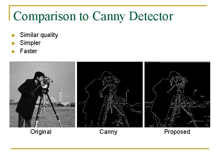 Comparison to Canny Detector n n n Similar quality Simpler Faster Original Canny Proposed