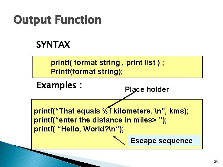 Output Function SYNTAX printf( format string , print list ) ; Printf(format string); Examples Output Function SYNTAX printf( format string , print list ) ; Printf(format string); Examples
