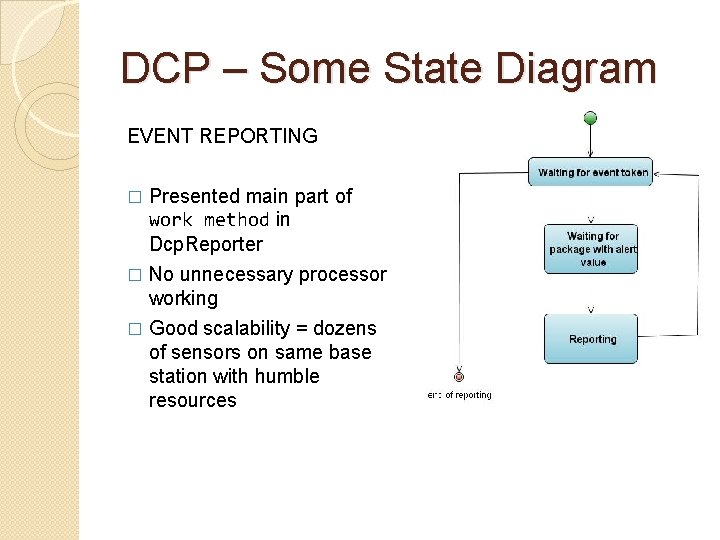 DCP – Some State Diagram EVENT REPORTING Presented main part of work method in