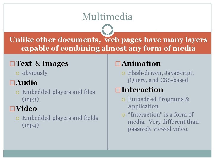 Multimedia Unlike other documents, web pages have many layers capable of combining almost any