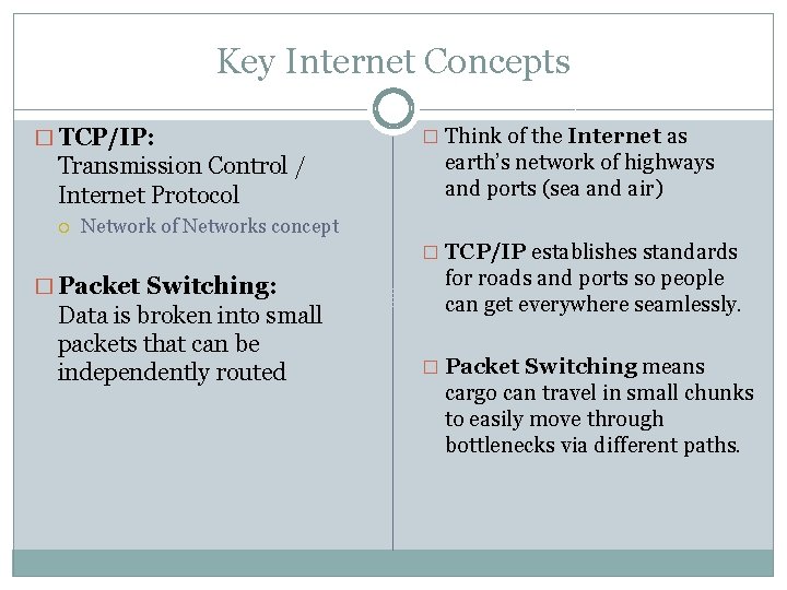 Key Internet Concepts � TCP/IP: Transmission Control / Internet Protocol � Think of the