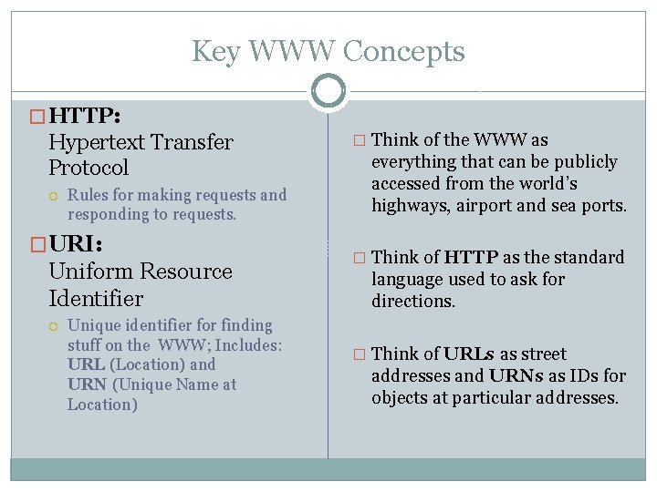 Key WWW Concepts � HTTP: Hypertext Transfer Protocol Rules for making requests and responding