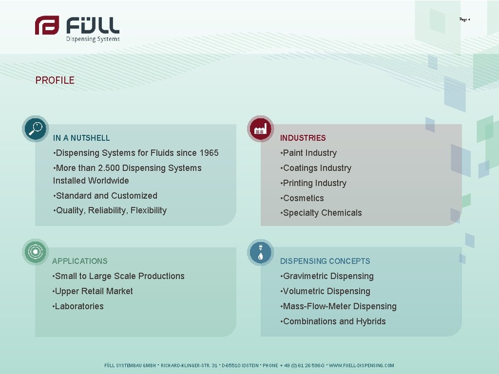 Page 4 PROFILE IN A NUTSHELL INDUSTRIES • Dispensing Systems for Fluids since 1965