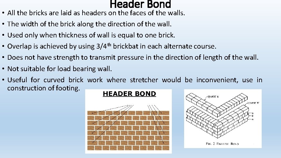  • • Header Bond All the bricks are laid as headers on the