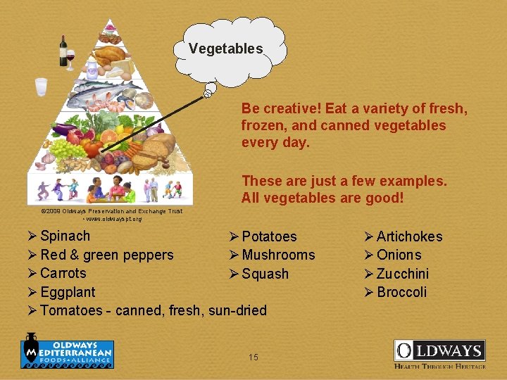 Vegetables Be creative! Eat a variety of fresh, frozen, and canned vegetables every day.