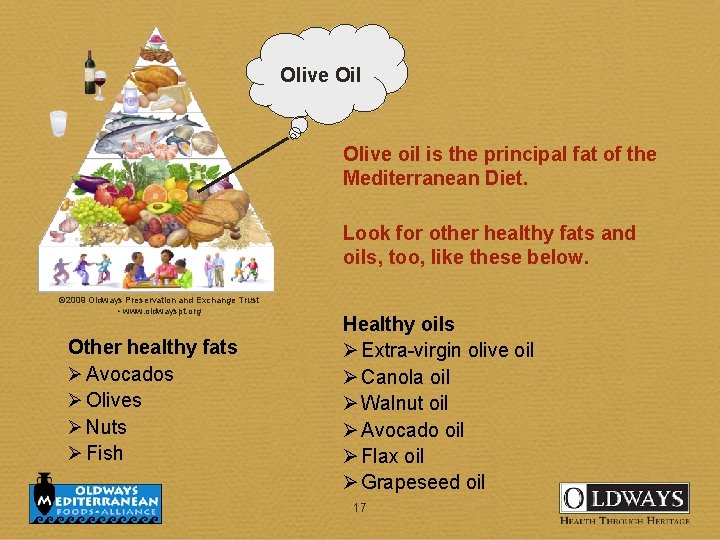 Olive Oil Olive oil is the principal fat of the Mediterranean Diet. Look for