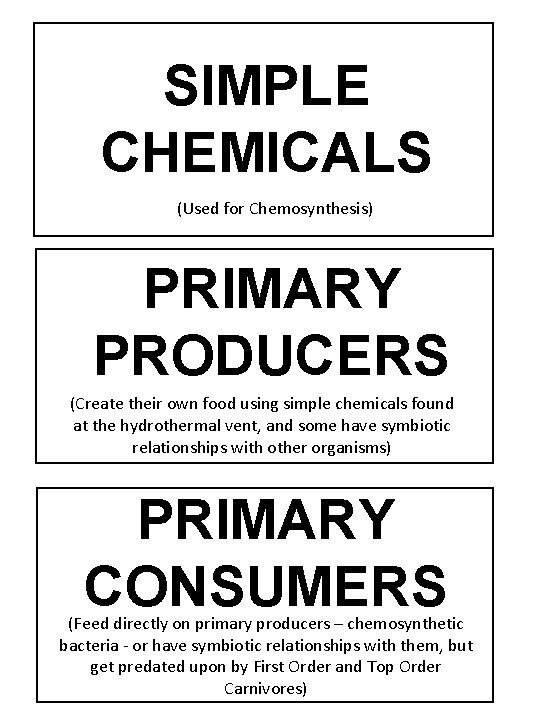 SIMPLE CHEMICALS (Used for Chemosynthesis) PRIMARY PRODUCERS (Create their own food using simple chemicals