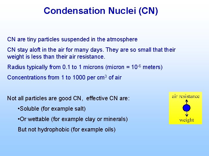 Condensation Nuclei (CN) CN are tiny particles suspended in the atmosphere CN stay aloft