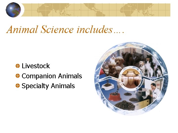 Animal Science includes…. Livestock Companion Animals Specialty Animals 