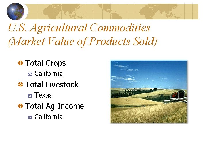 U. S. Agricultural Commodities (Market Value of Products Sold) Total Crops California Total Livestock